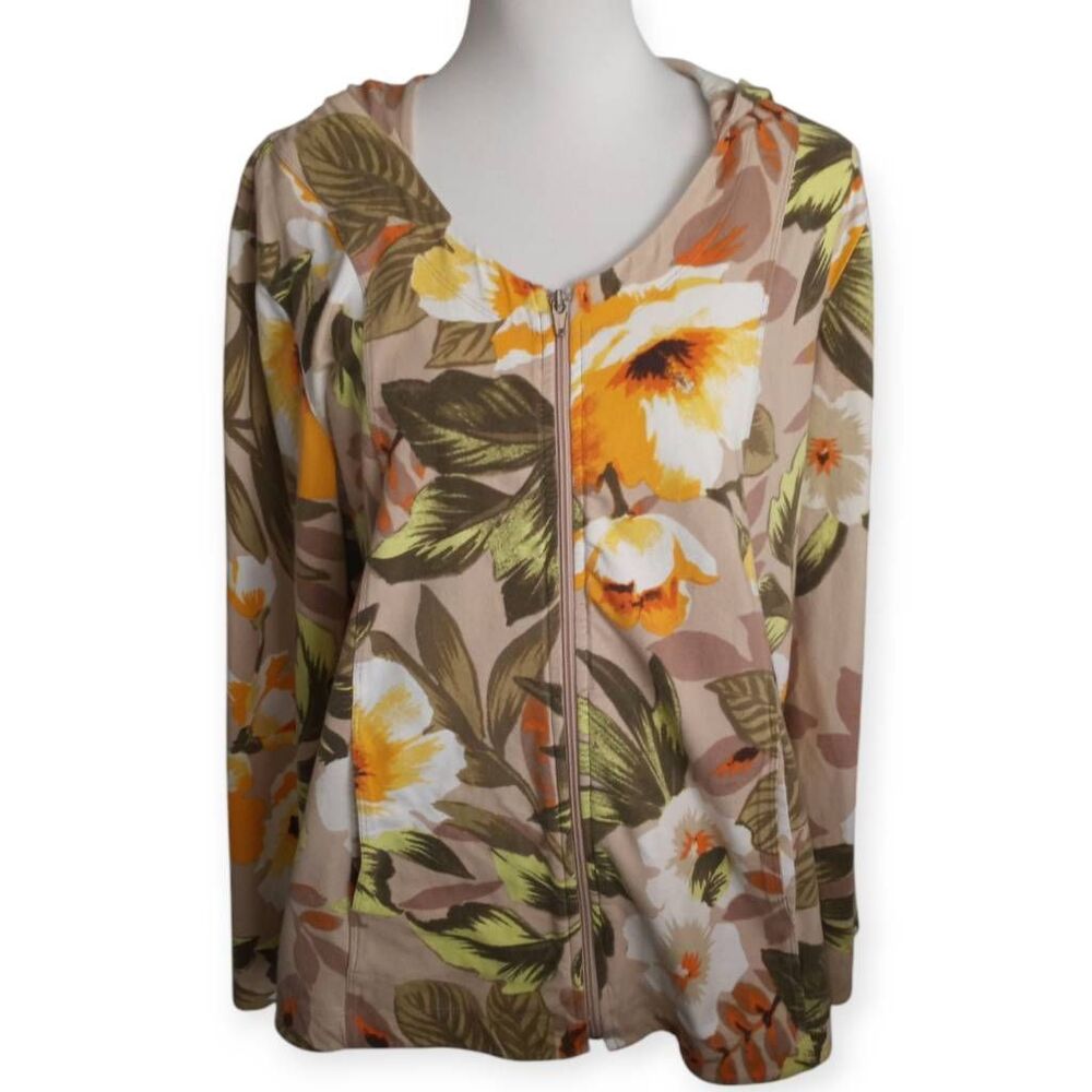 Susan Graver Floral Zip-Up Hoodie - Yellow, Green, Brown